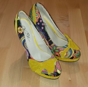 Super fun floral print yellow studded heels